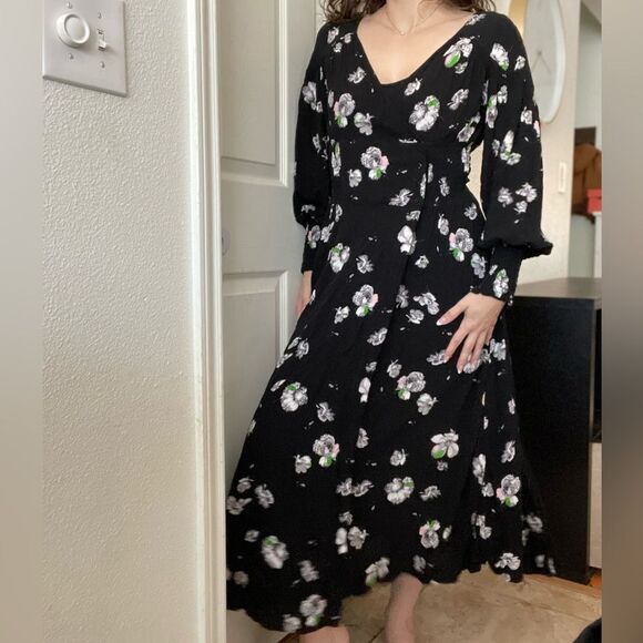 Free People So Sweet Midi Dress Size Medium Black Floral Long Sleeve - Picture 2 of 6
